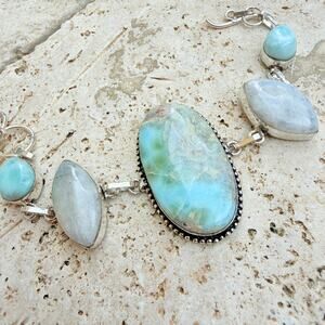 Larimar Rainbow Moonstone 925 Silver Overlay Toggle Bracelet